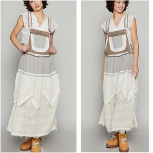 POL Color Block Adjustable Straps Pockets Lace Denim overall Dress